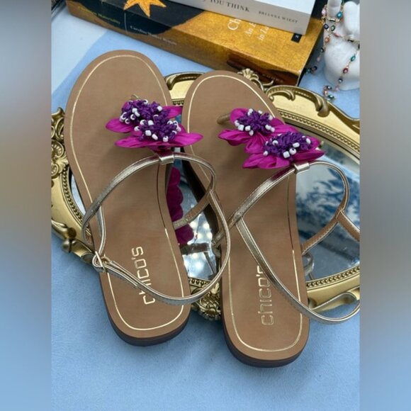 🆕 CHICO'S 🧿 NWOB Sunset Flower Sandal, Pink Hand Beaded Flower Detail - Sz 9US - Picture 10 of 12